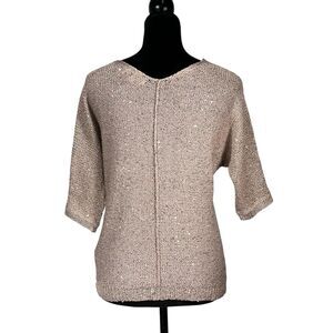 H by Halston Beige Sequins Sweater Short Sleeve Knit V-Neck Metallic Size Small